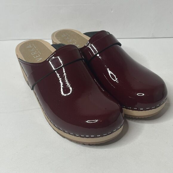 Verka Burgundy Patent LeatherWooden Clogs Women’s Shoes SZ 39/8.5 Made in Sweden - Picture 1 of 8